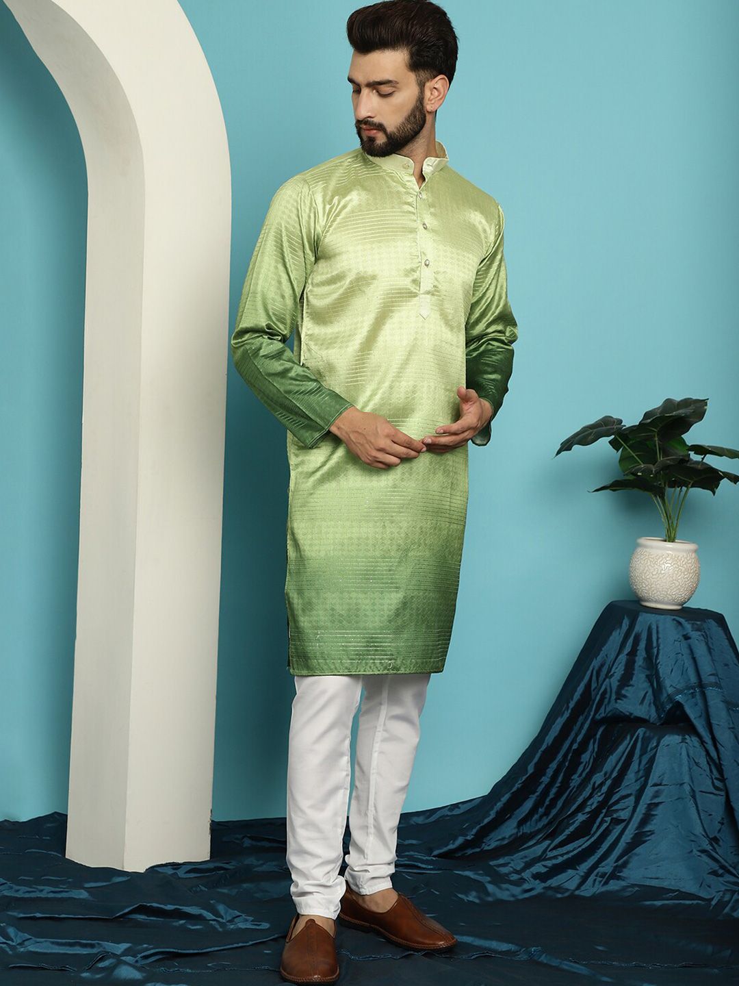 SOJANYA Striped Woven Design Sequinned Jacquard Mandarin Collar Kurta With Churidar