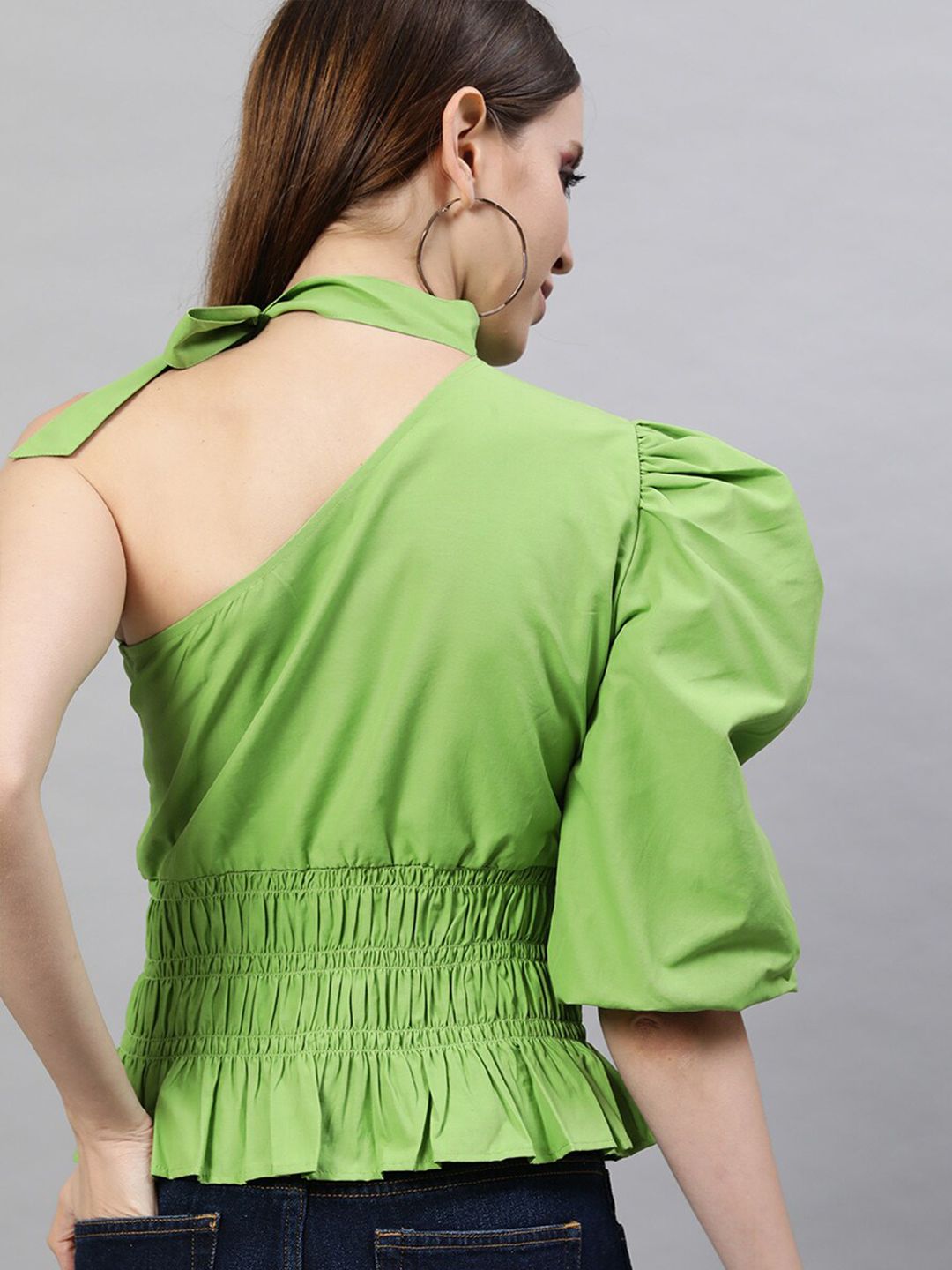 STREET 9 Green One Shoulder Puff Sleeve Smocked Cotton Top