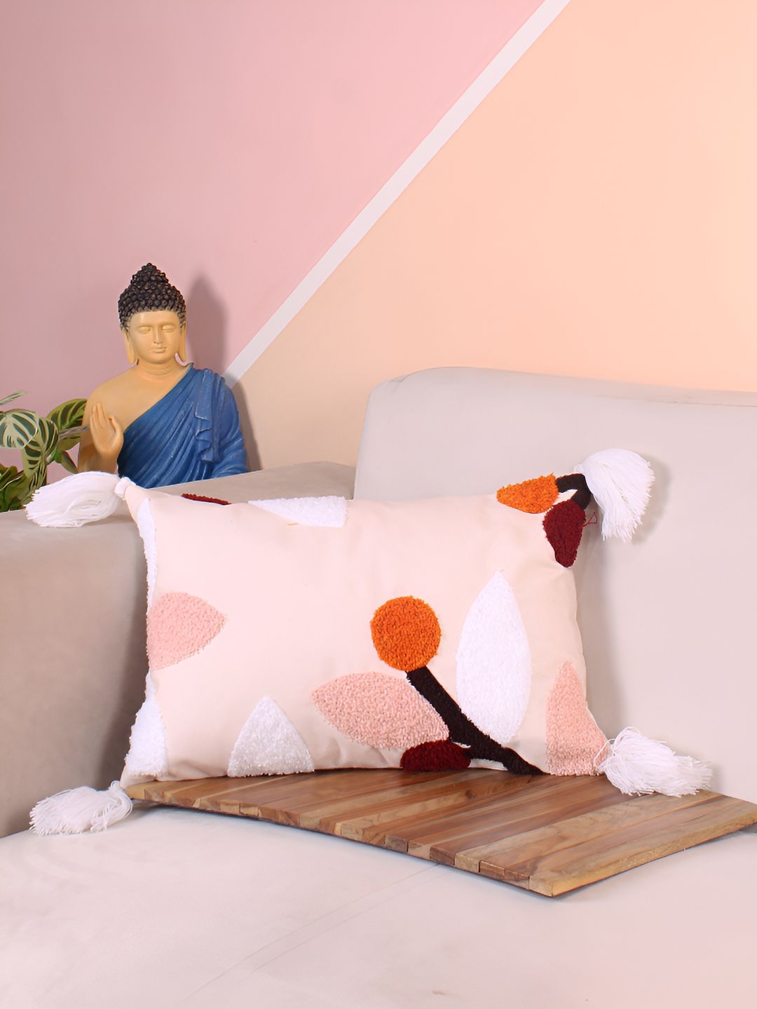 STITCHNEST Peach & White Embroidered Rectangle Cushion Cover