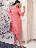 Vishudh Peach Floral Embroidered Thread Work Straight Kurta