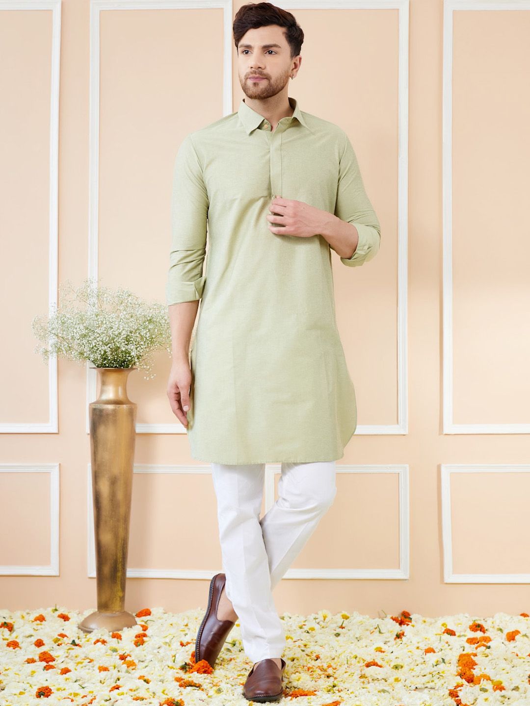 See Designs Shirt Collar Long Sleeves Pure Cotton Pathani Kurta With Pyjamas