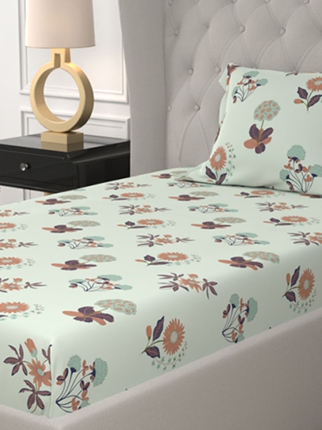 URBAN SPACE Radiance Grey 200 TC Floral Single Bedsheet