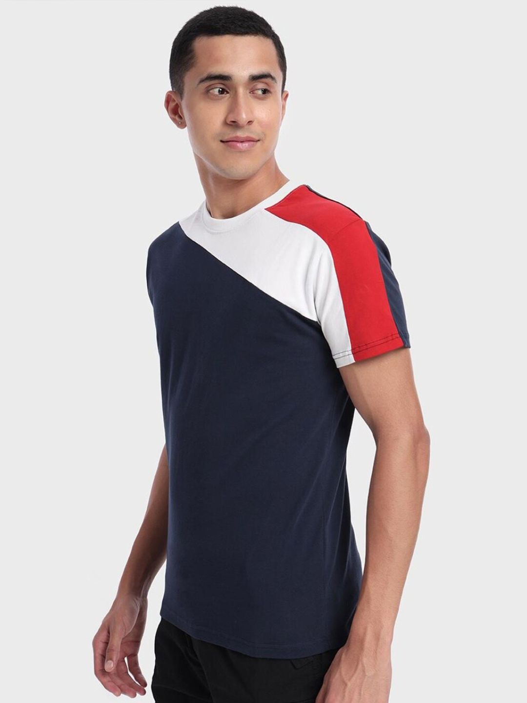 Bewakoof Men Navy Blue & White Colourblocked Pure Cotton T-shirt