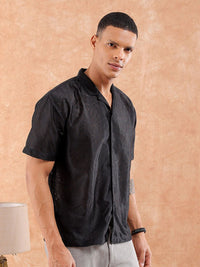 The Indian Garage Co Men Relaxed Fit Solid Warp Knit Lace Resortwear Shirt
