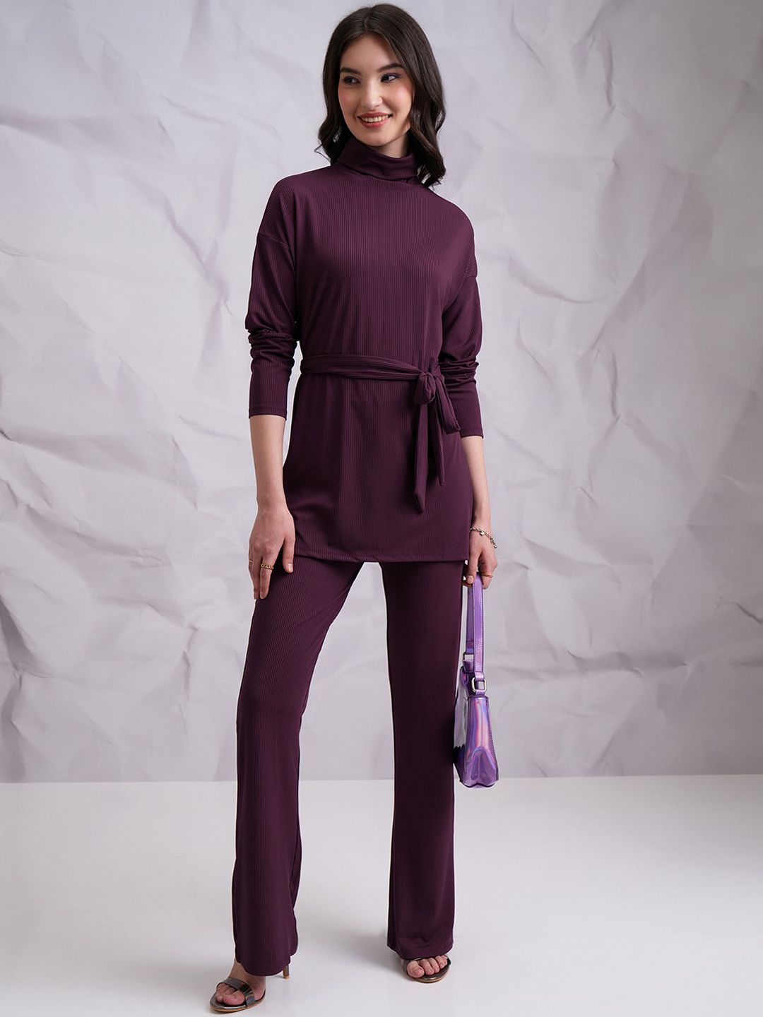 Tokyo Talkies Purple Ribbed Longline Top With Trouser