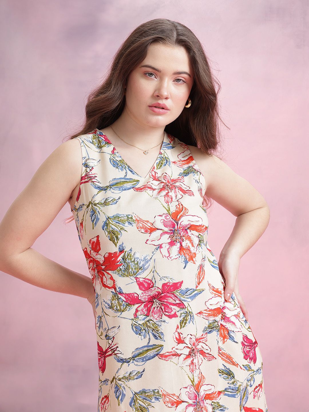 DressBerry Floral Print V-Neck Midi A-Line Dress