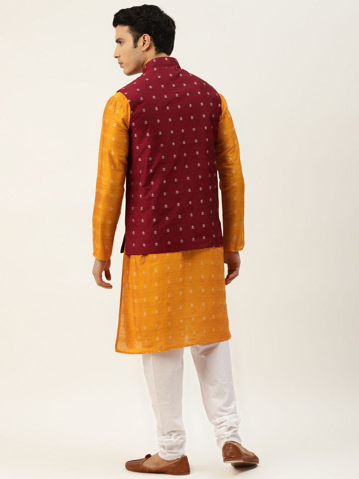 SOJANYA Men Orange Ethnic Motifs Kurta with Churidar & Nehru Jacket