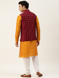 SOJANYA Men Orange Ethnic Motifs Kurta with Churidar & Nehru Jacket