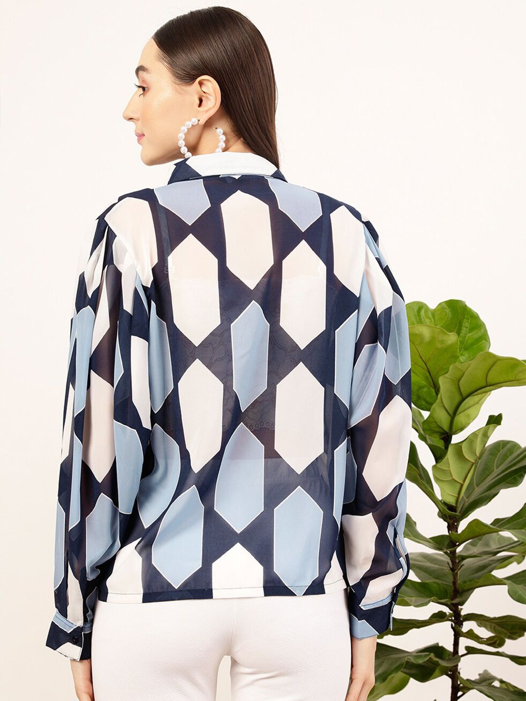 STREET 9 Navy Blue & White Contemporary Geometric Printed Casual Shirt