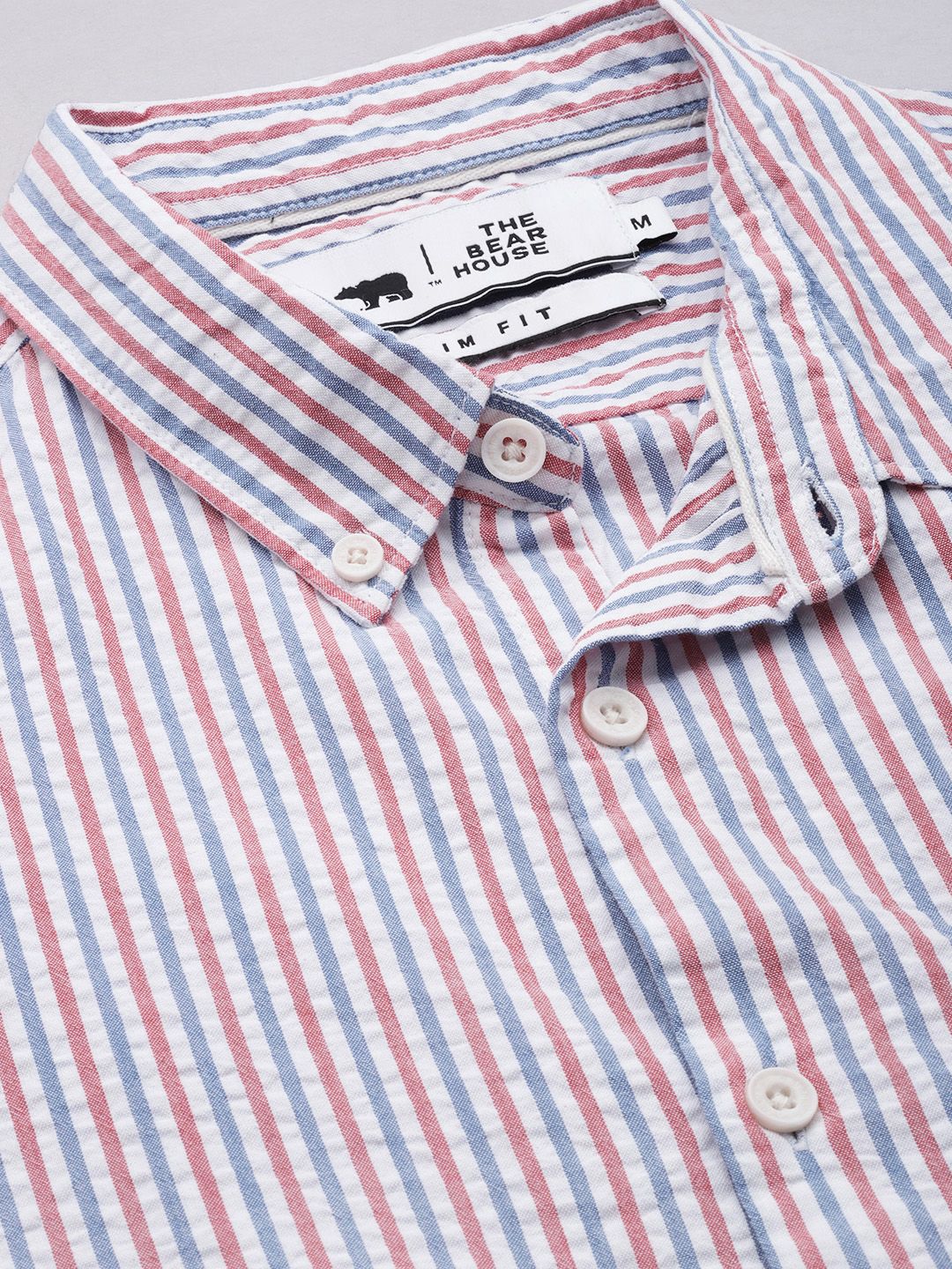 THE BEAR HOUSE Men White & Blue Slim Fit Striped Seersucker Cotton Casual Shirt