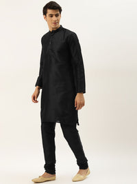 SOJANYA Men Black Solid Kurta with Churidar & Nehru Jacket