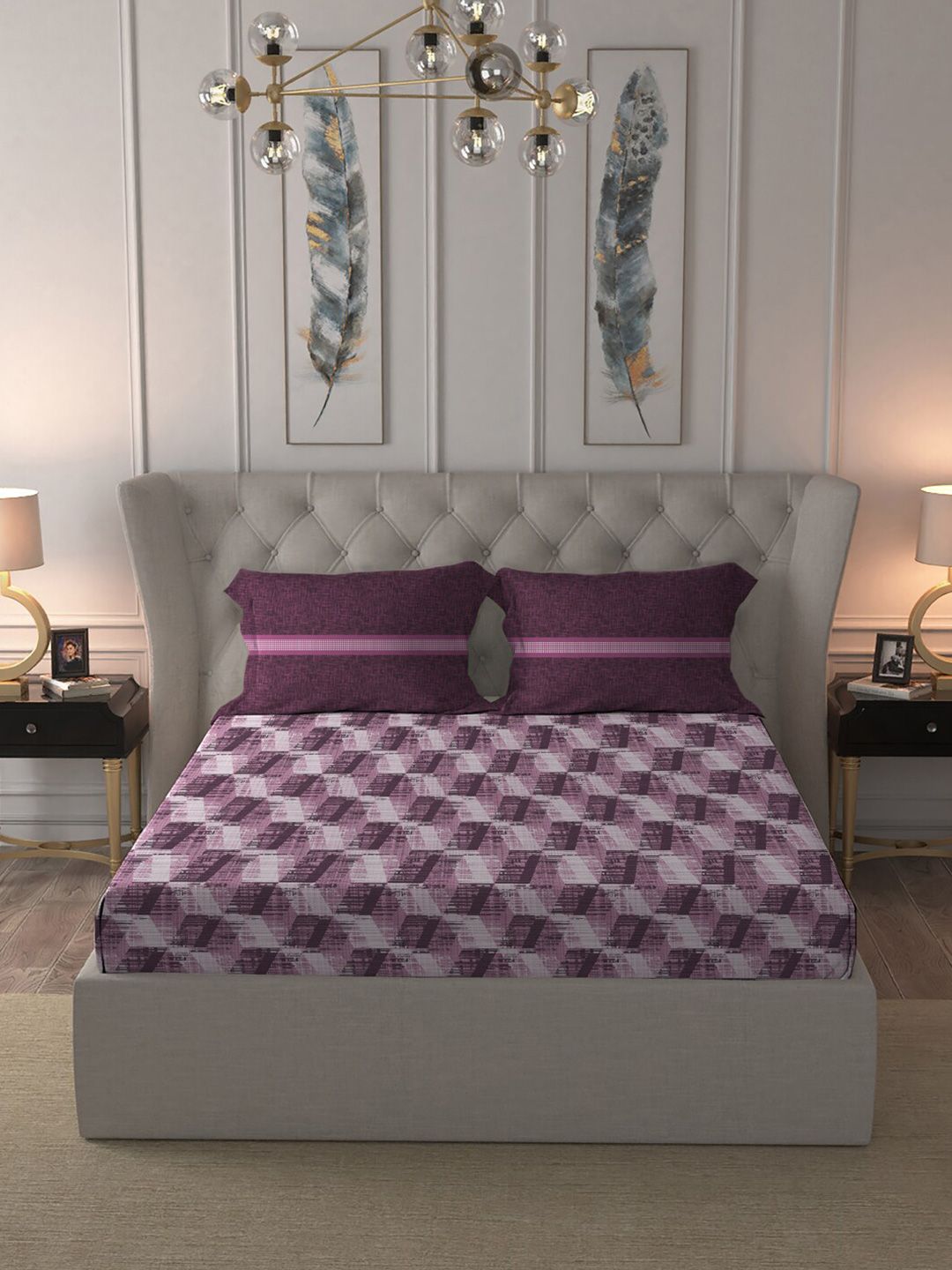 MYTRIDENT Taupe  White Geometric Pure Cotton 144 TC Queen Bedsheet With 2 Pillow Covers