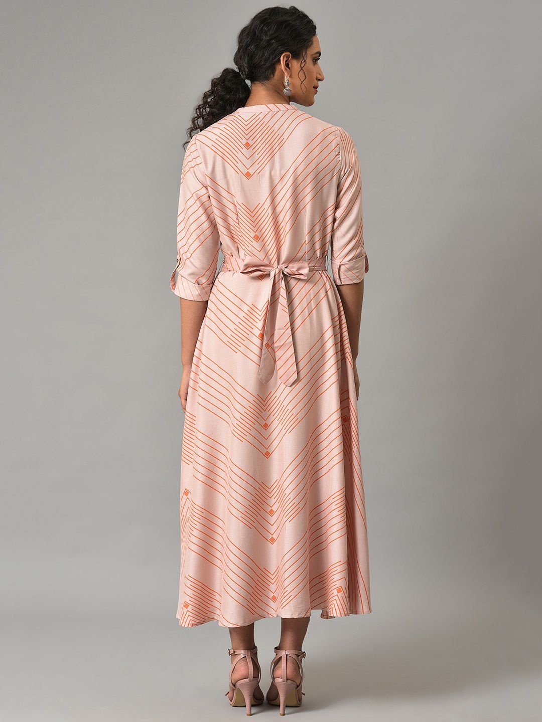 W Pink Mandarin Collar Striped A-Line Midi Fit and Flare Dress