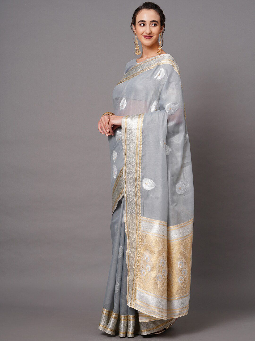 Saree mall Grey & Gold-Toned Woven Design Silk Blend Banarasi Sarees