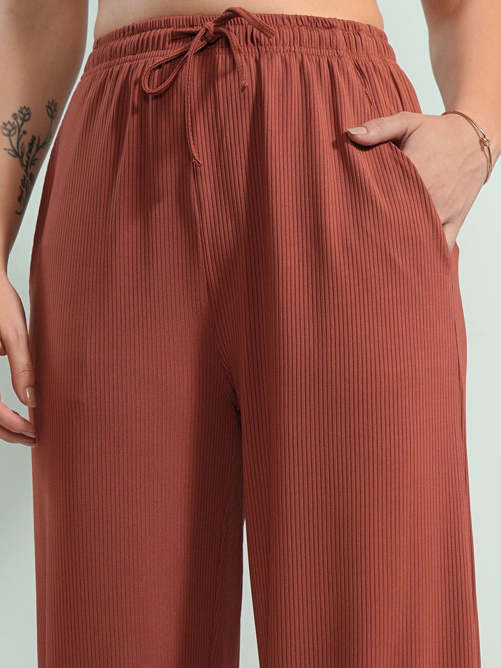 Tokyo Talkies Rust Shoulder Straps Camitop With Cardigan And Trouser