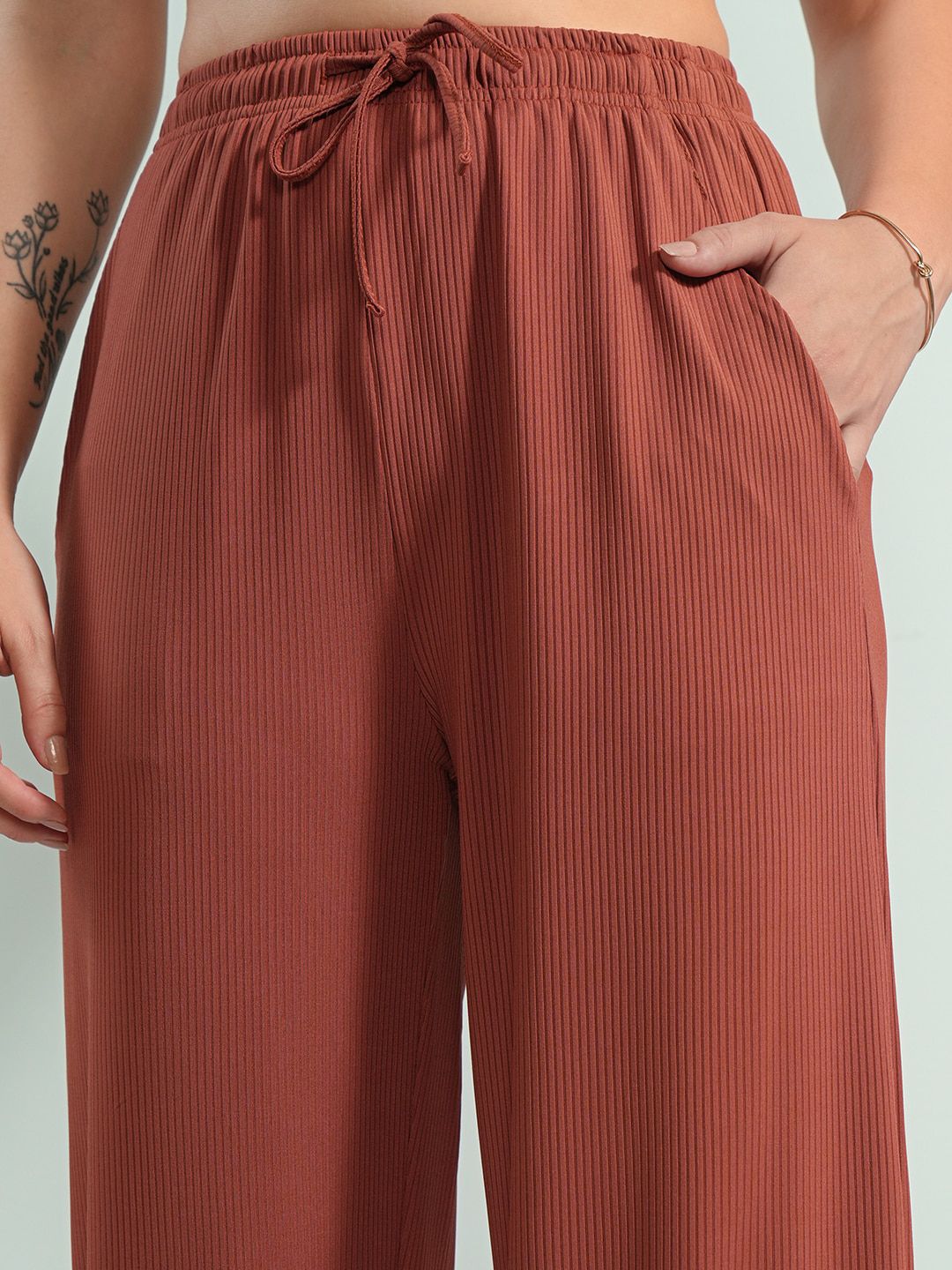Tokyo Talkies Rust Shoulder Straps Camitop With Cardigan And Trouser