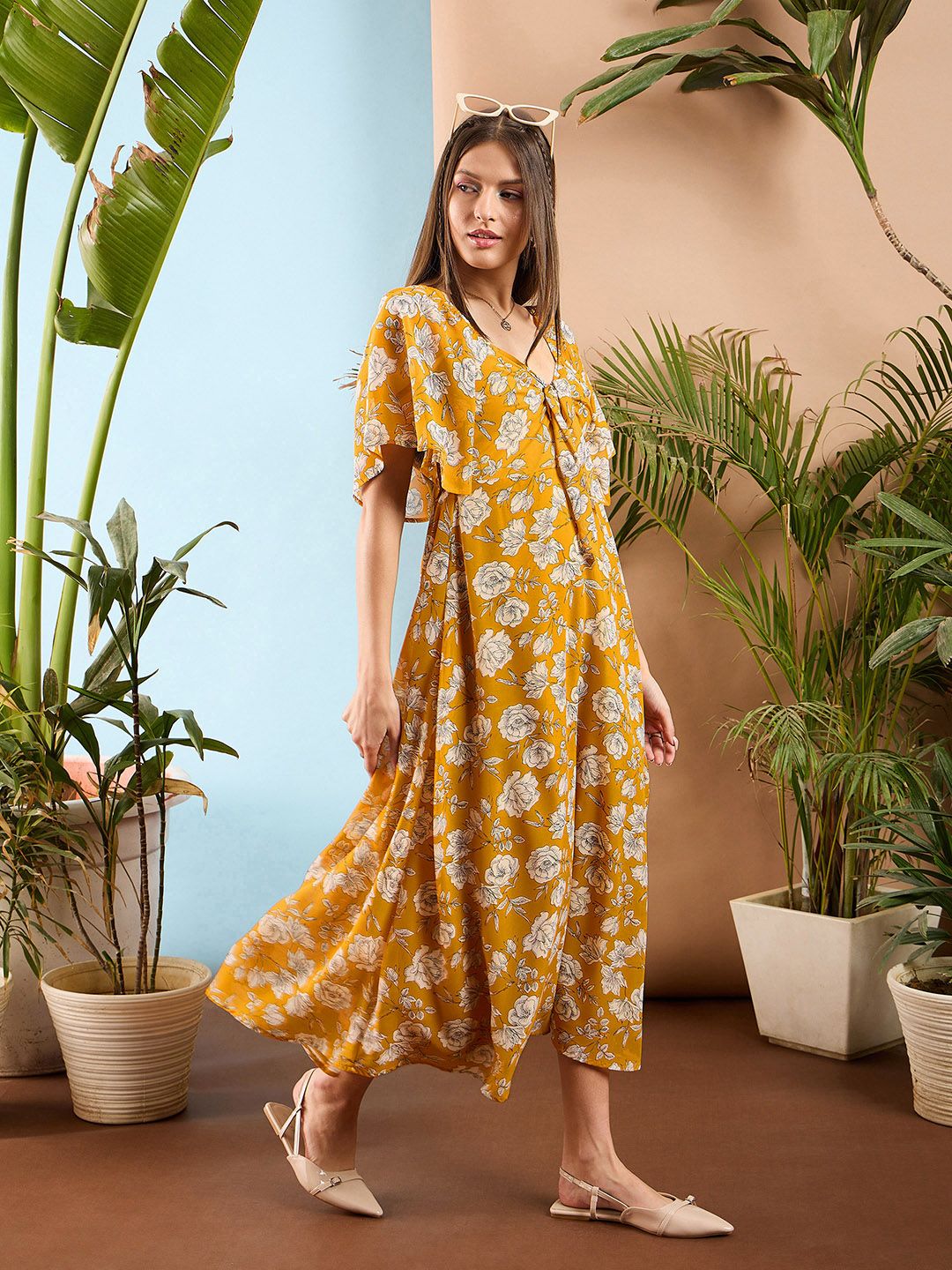 SASSAFRAS Floral Printed Flared Sleeve Front Tie Up Fit & Flare Midi Dress