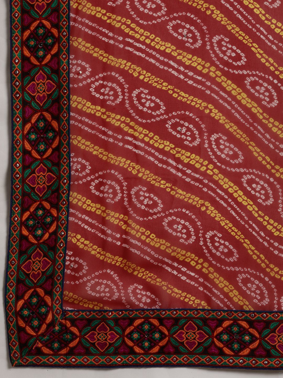 Mitera Red & Off-White Pure Georgette Embroidered Bandhani Saree