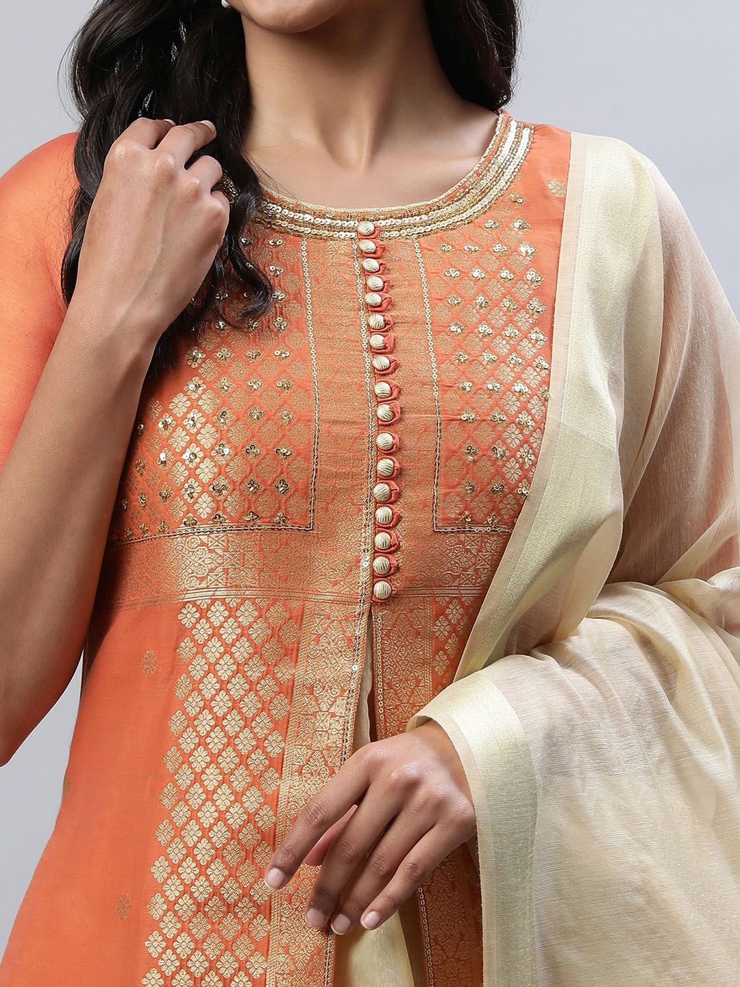 AURELIA Ethnic Motifs Woven Design Sequined A-Line Kurta with Trousers & Dupatta