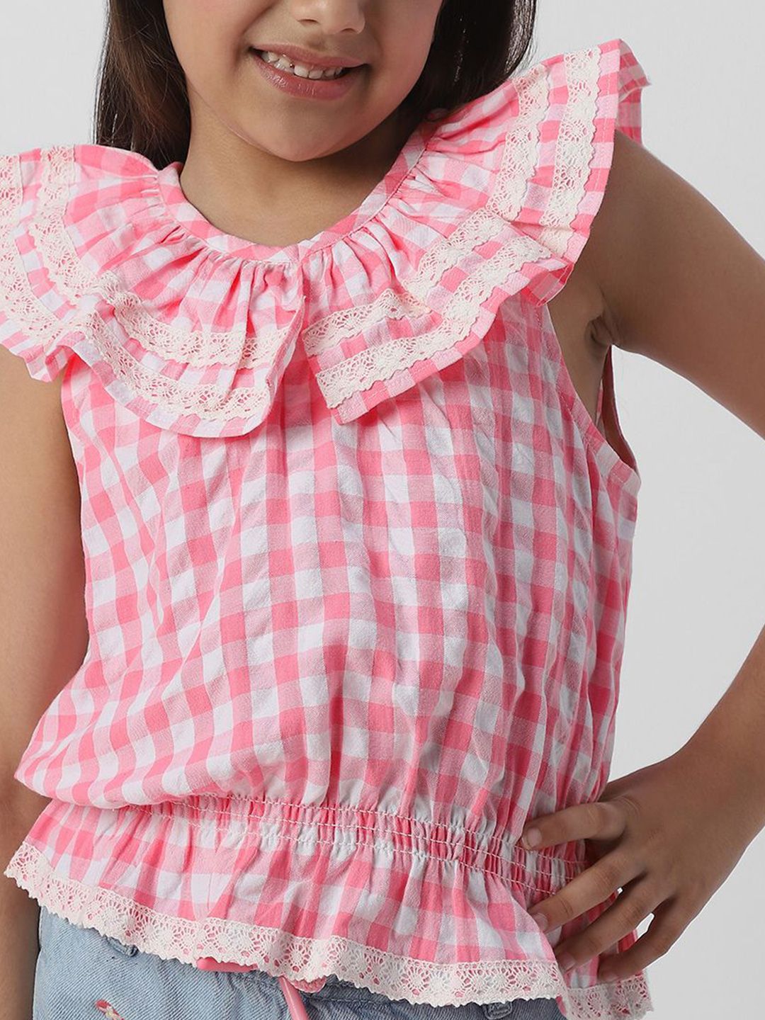 Nauti Nati Girls Gingham Checked Peter Pan Collar Sleeveless Cotton Cinched Waist Top