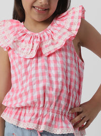 Nauti Nati Girls Gingham Checked Peter Pan Collar Sleeveless Cotton Cinched Waist Top