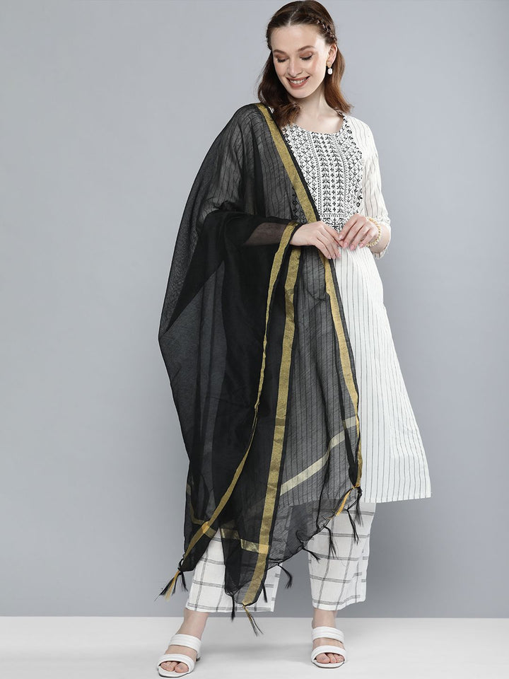 Vishudh Women Off White Striped Regular Pure Cotton Kurta with Palazzos