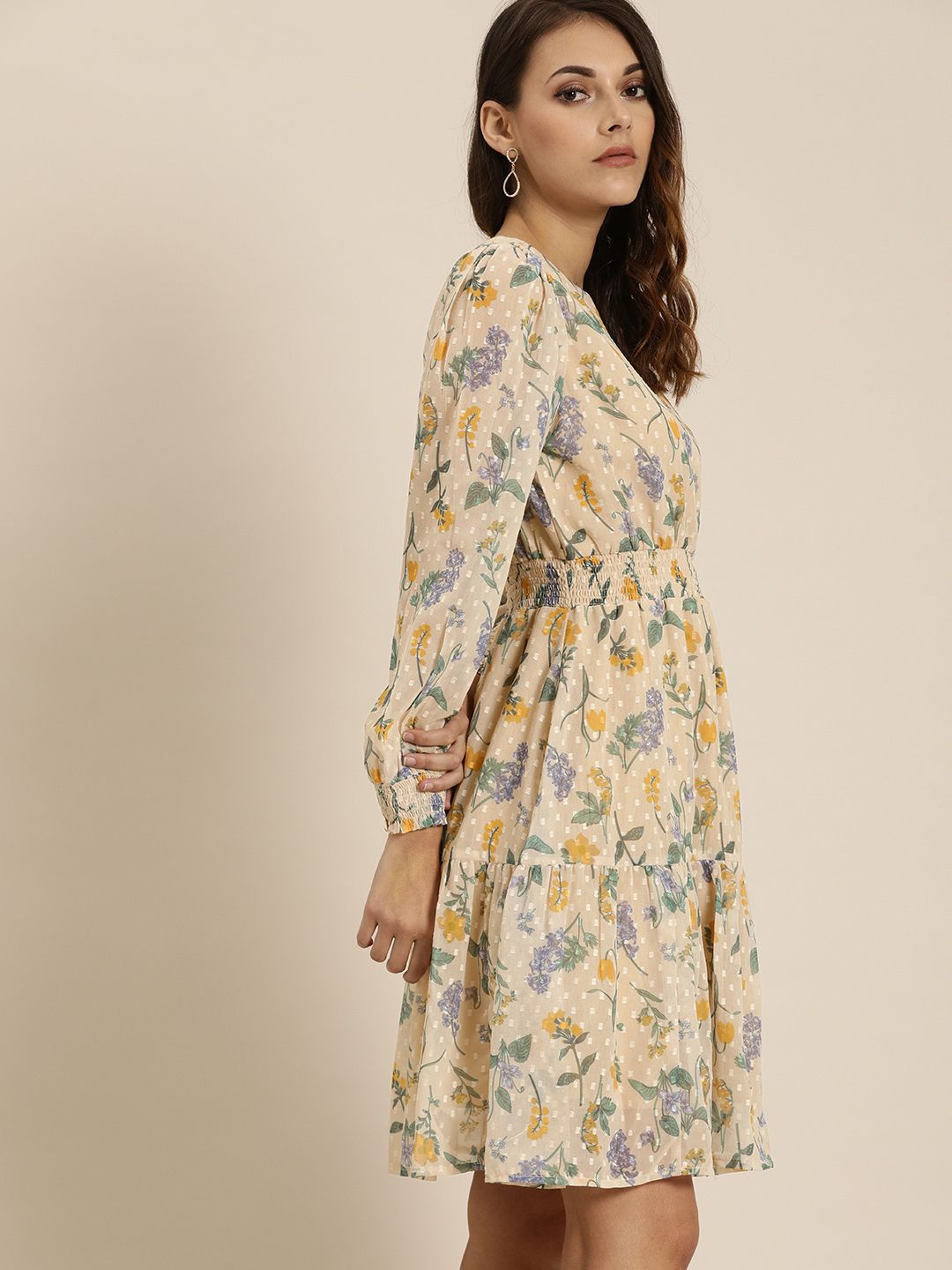 all about you Classy Beige Floral Printed Pure Cotton Waisted Dress