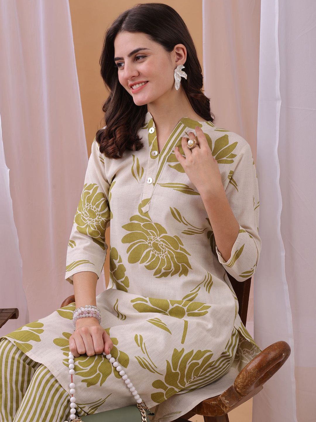 KALINI Floral Printed Pure Cotton Tunic & Trousers Co-Ord Set