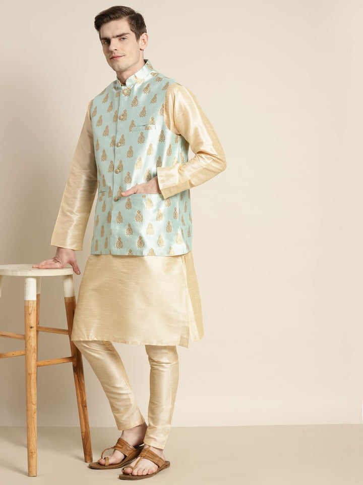 SOJANYA Men Solid Kurta with Churidar & Woven Design Nehru Jacket