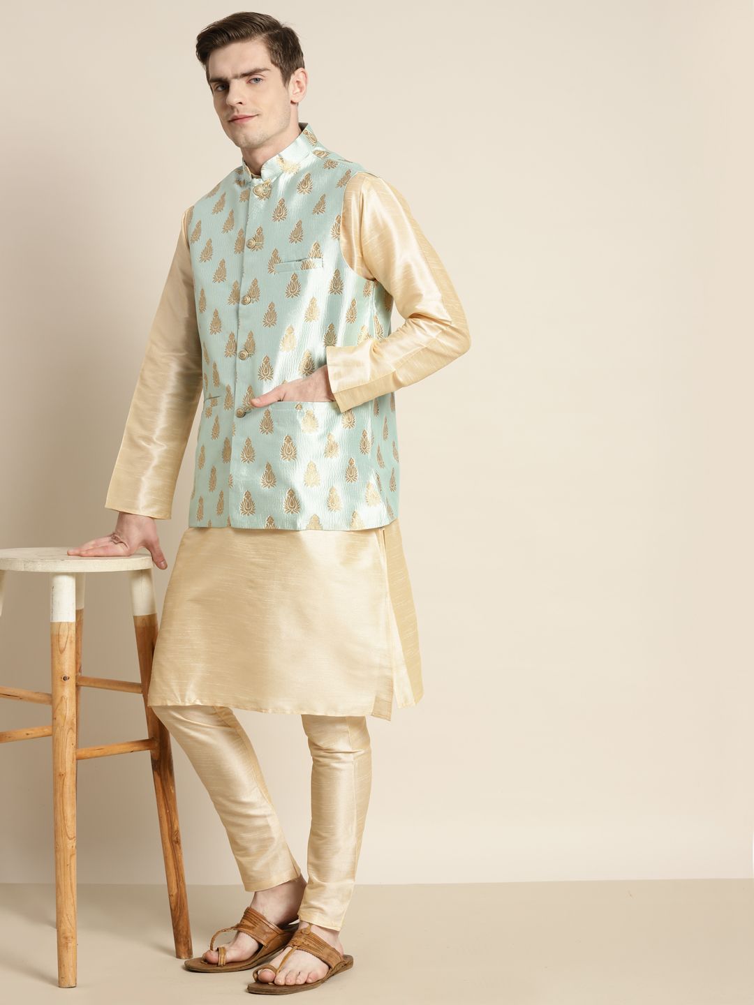 SOJANYA Men Solid Kurta with Churidar & Woven Design Nehru Jacket
