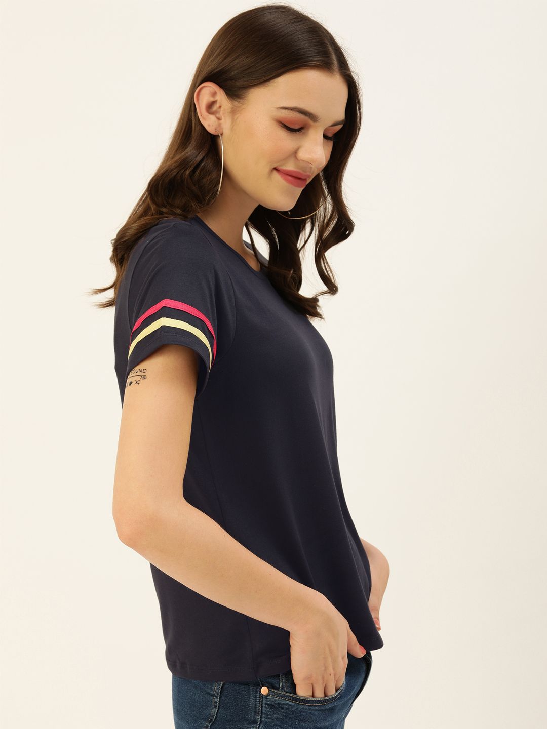 DressBerry Women Navy Blue Solid Round Neck T-shirt