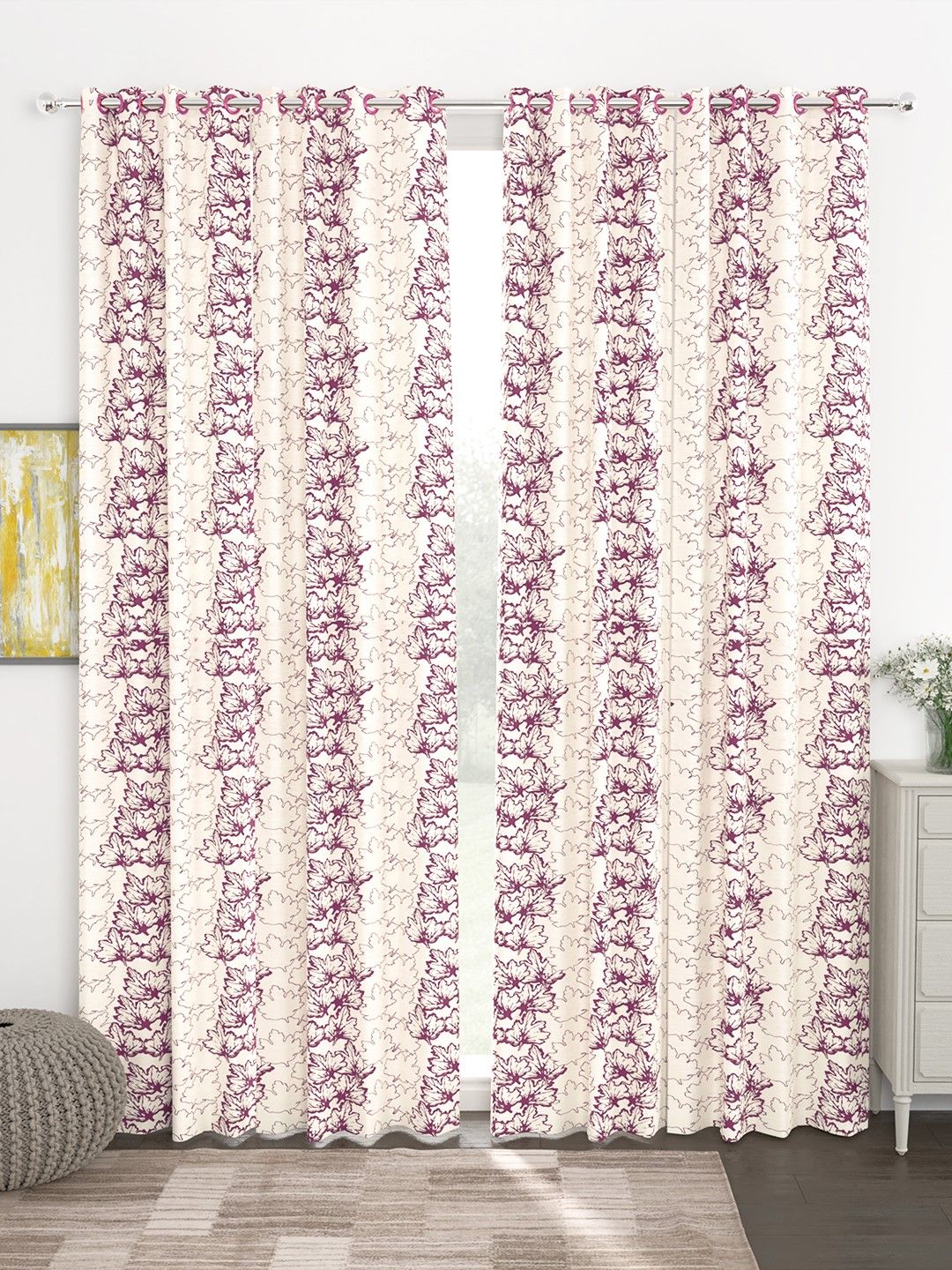 Story@home Set Of 4 Off-White & Maroon 300GSM Semi Blackout Jacquard Eyelet Ringtop Door Curtain