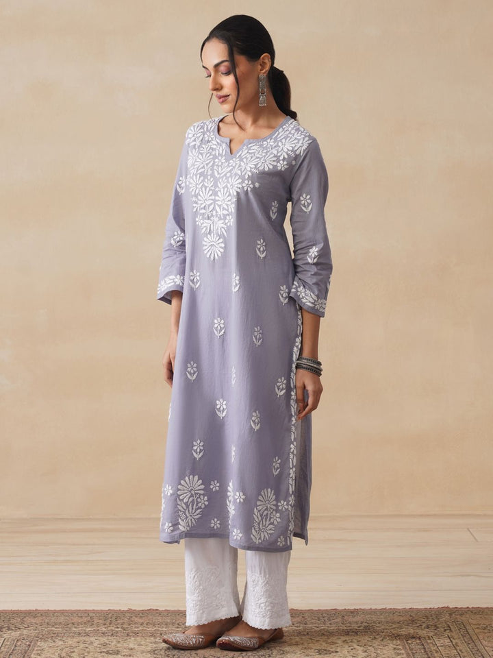 Rumah Wanita Chikankari Kapas Kelabu Chikankari Sulam Kurta