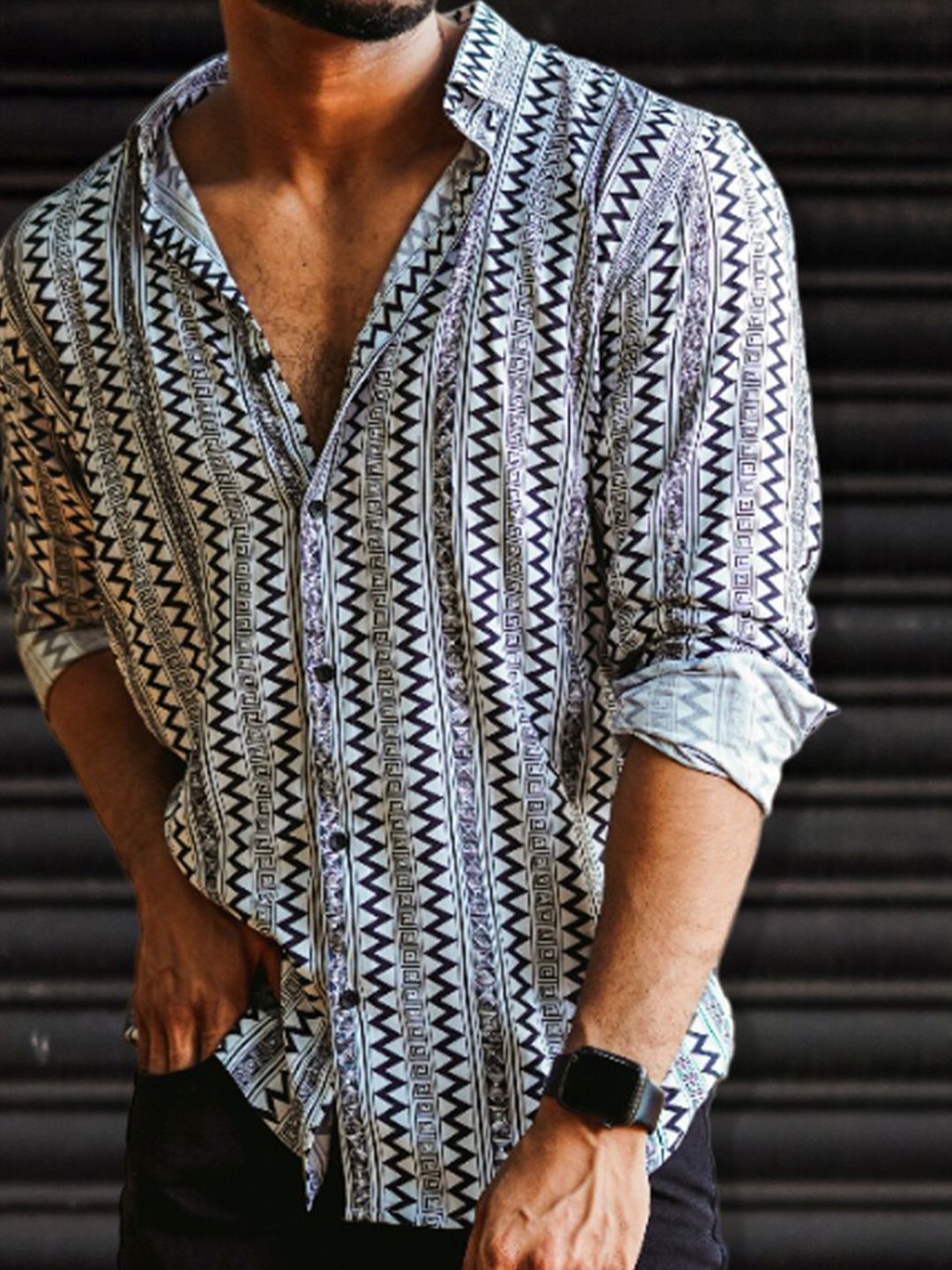 Powerlook White & Black Geometric Printed India Slim Oversized Drop-Shoulder Shirt