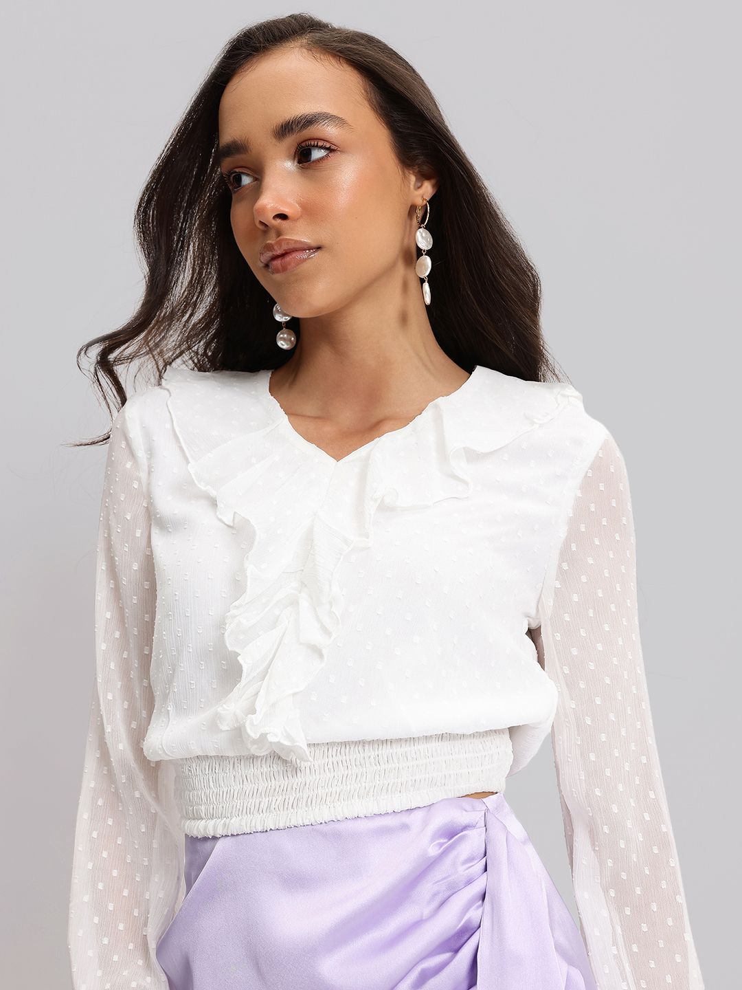 DressBerry Bohemian Schiffli Ruffled Dobby Blouson Top