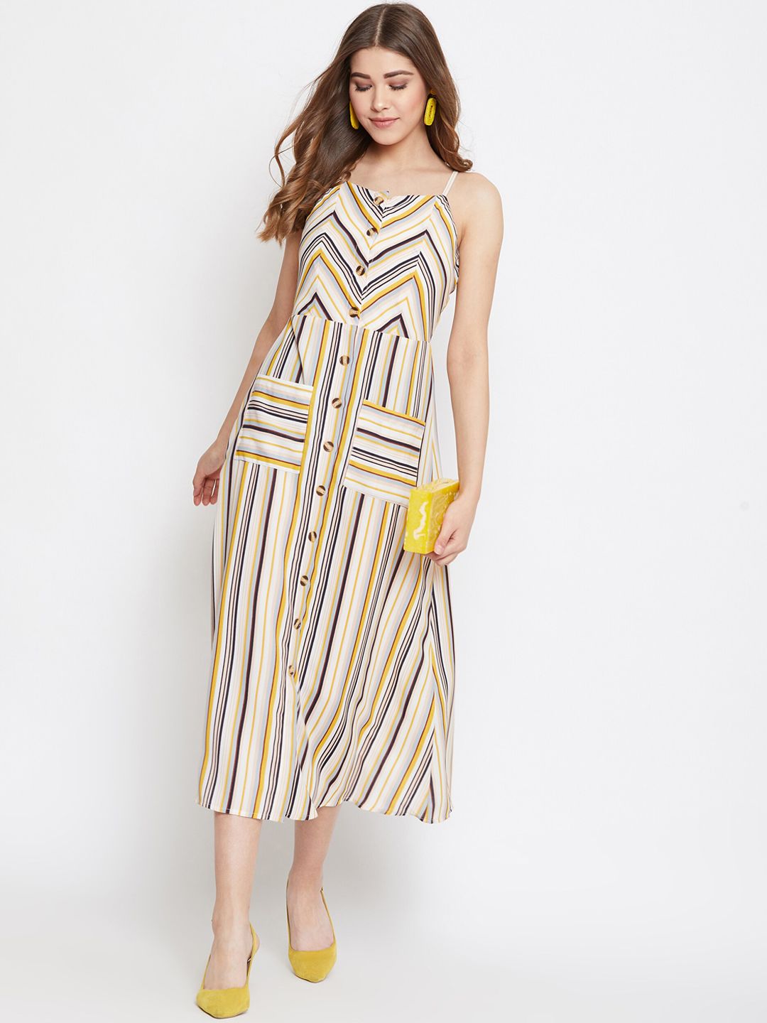 Berrylush Women Beige & Yellow Striped Fit and Flare Dress