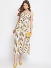 Berrylush Women Beige & Yellow Striped Fit and Flare Dress