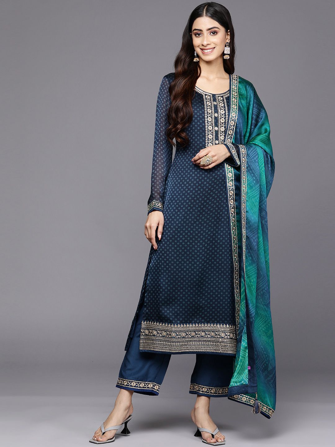 Libas Women Blue Bandhani Printed Kurta with Trousers & With Dupatta