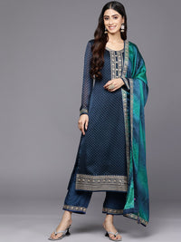 Libas Women Blue Bandhani Printed Kurta with Trousers & With Dupatta