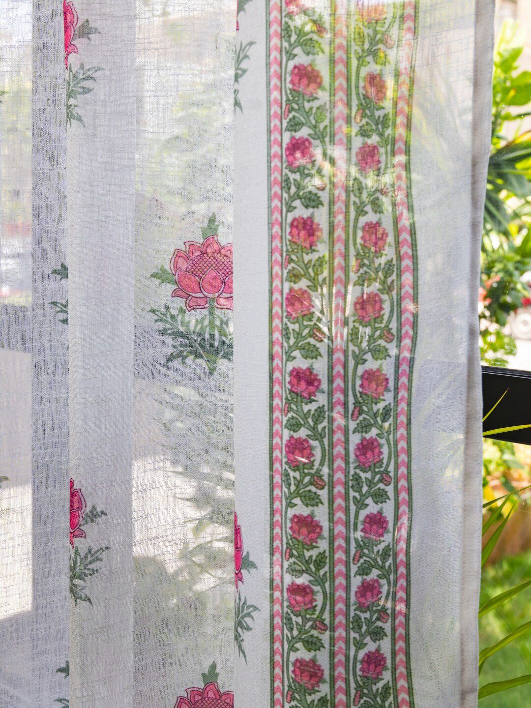 URBAN SPACE Pink & White 2 Pieces Floral Sheer Window Curtains