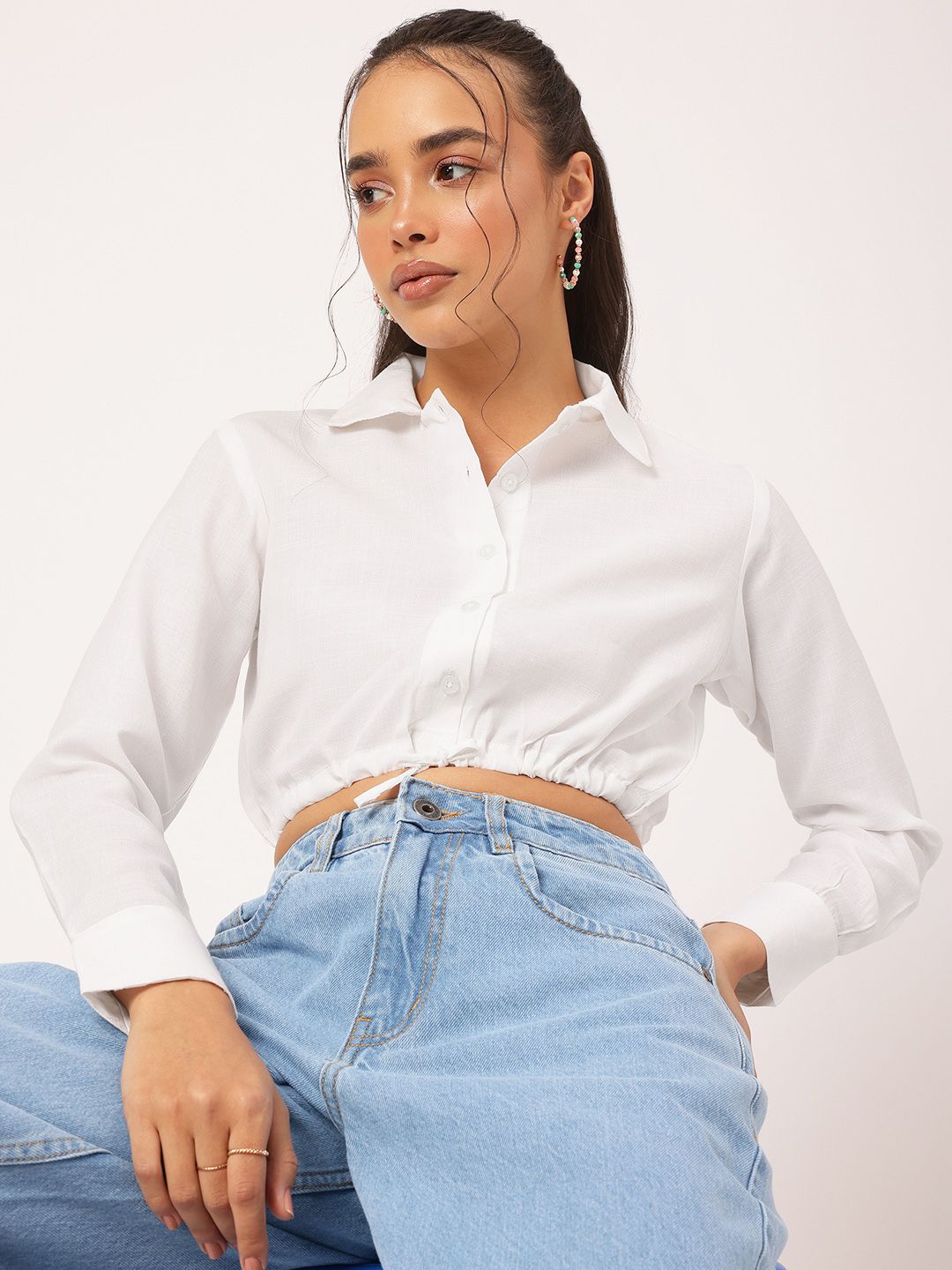 DressBerry Timeless Ties Cinched Waist Crop Shirt Style Top