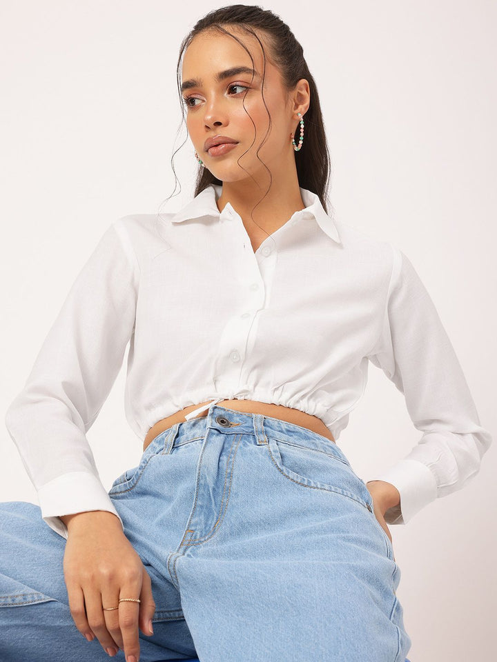 DressBerry Timeless Ties Cinched Waist Crop Shirt Style Top