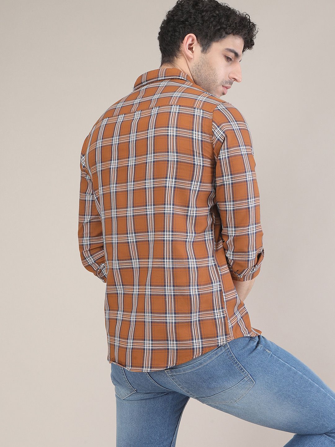 The Indian Garage Co Men Rust Orange & White Slim Fit Checked Casual Shirt