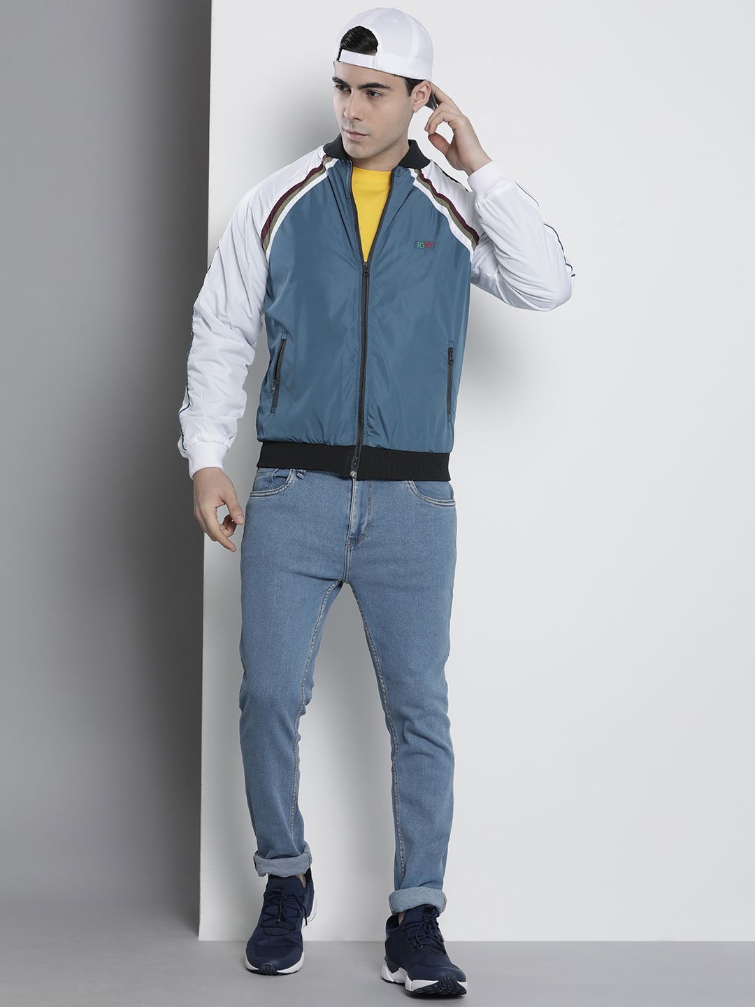 The Indian Garage Co Men Blue White Striped Bomber Jacket