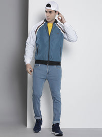 The Indian Garage Co Men Blue White Striped Bomber Jacket