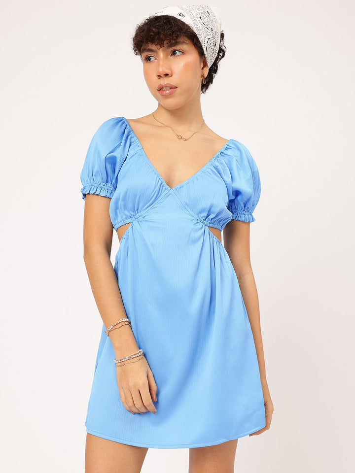 DressBerry Sunkissed-Selection Cut-Out Puff Sleeves Smocked Mini Dress