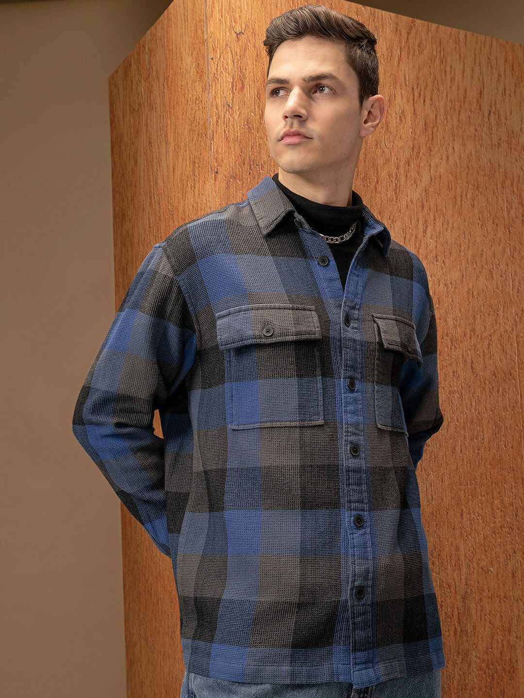 Locomotive Premium Men Blue Waffle Dobby Textured Checked Utility Pocket Overshirt