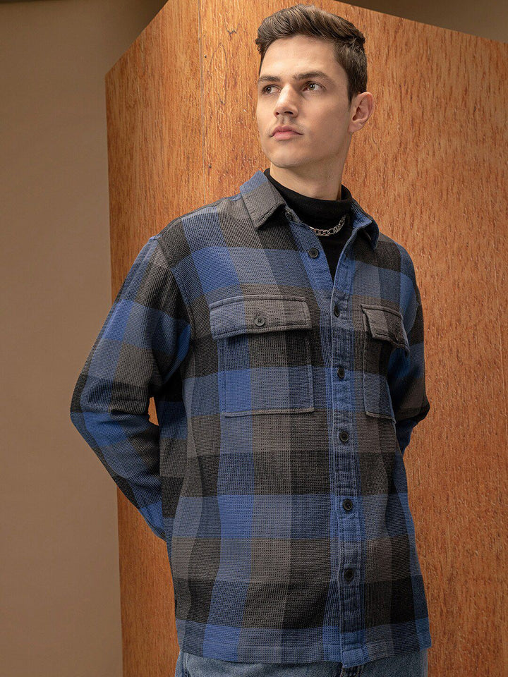 Locomotive Premium Men Blue Waffle Dobby Textured Checked Utility Pocket Overshirt