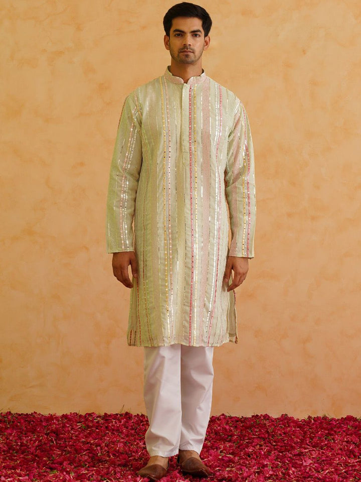 SOJANYA LUXE Striped Embellished Mandarin Collar Mirror Work Georgette Straight Kurta