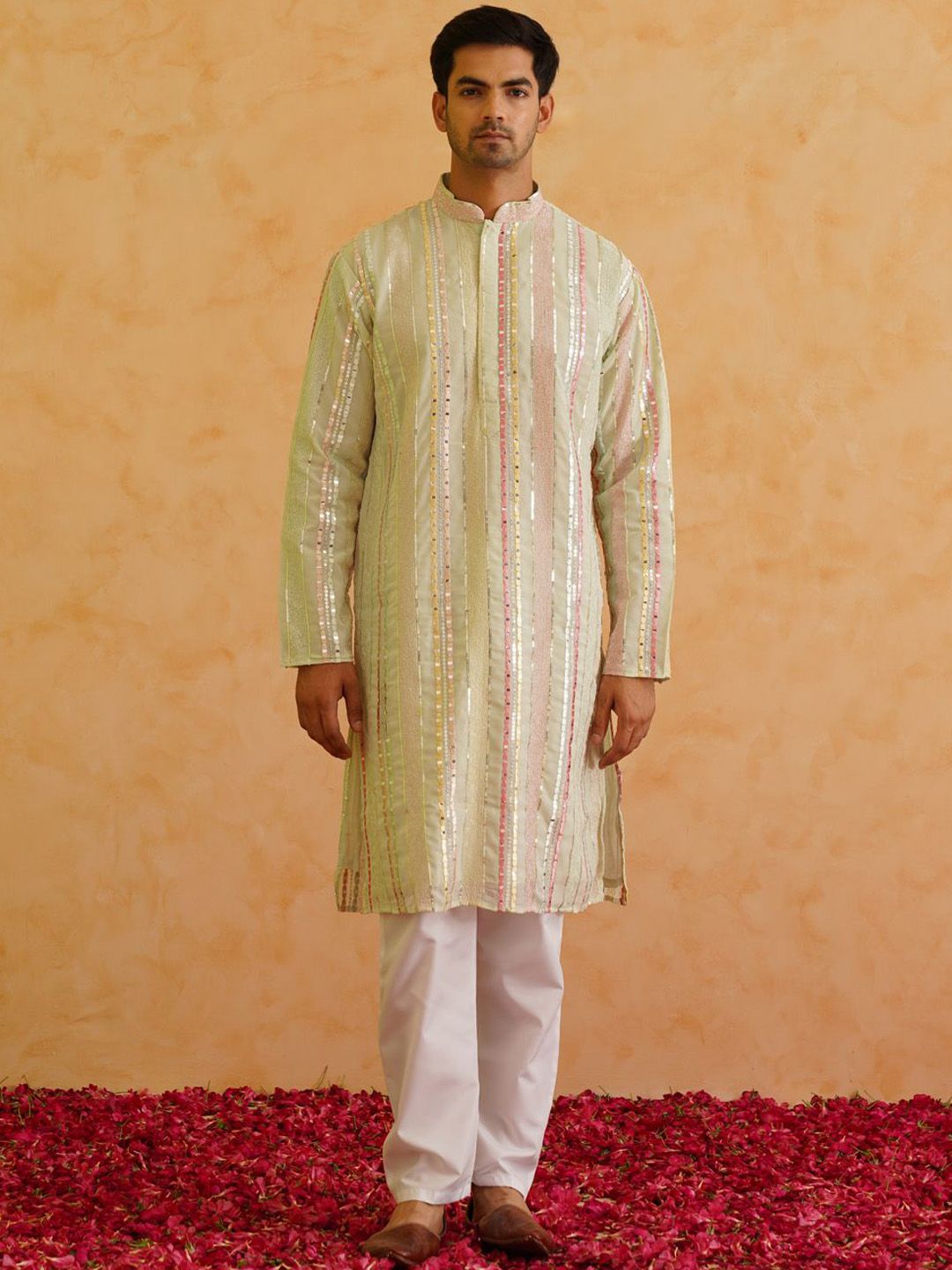 SOJANYA LUXE Striped Embellished Mandarin Collar Mirror Work Georgette Straight Kurta